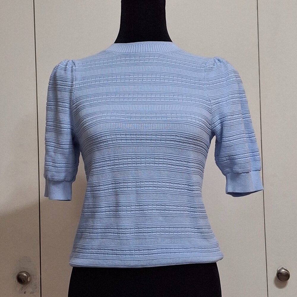 Baby Blue Short Sleeve Sweater-Puff Sleeves, Preppy, Academia, Twee-Size XS